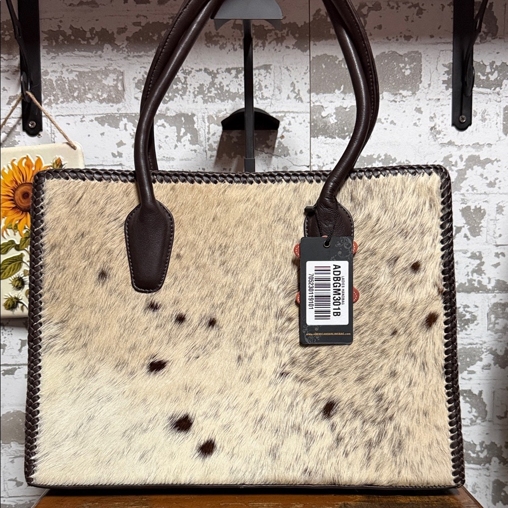 American Darling Cream and Dark Brown Speckled Tote with Leather Trim